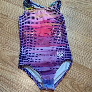 Simone Biles GK Elite Gymnastics Leotard Purple Pink Sequin Sunset Grid Girls